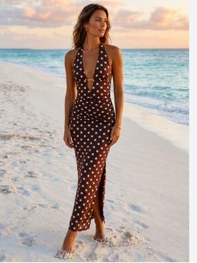 Caroline Constas Small S brown polka dot swimsuit cover up dress nwt